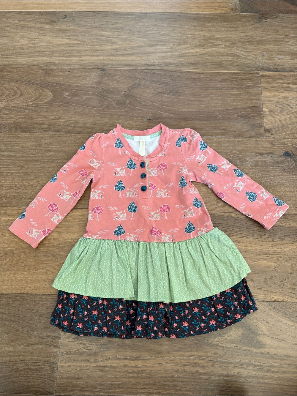 Girls Coral Pink Layered Dress with Mint and Navy Ruffles
